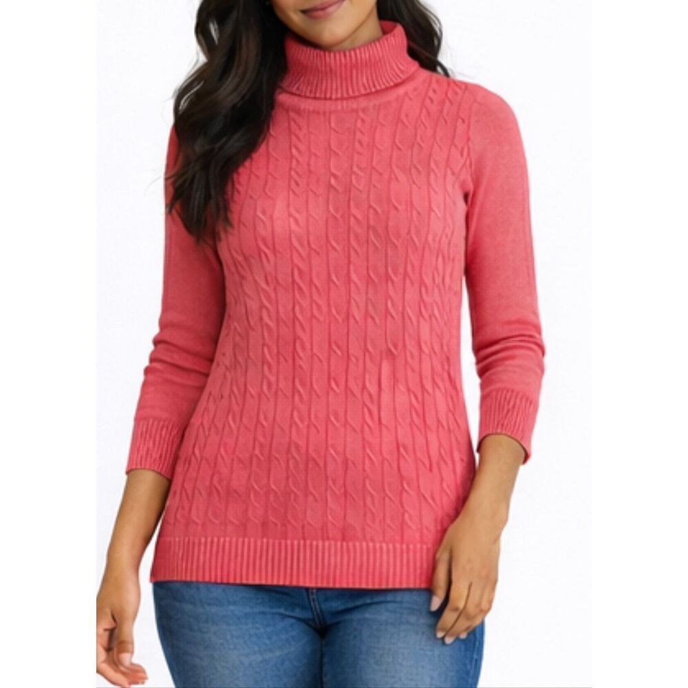 Talbots pink cableknit turtleneck button cuff sweater sml